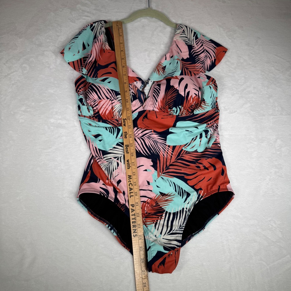 Fit 4 U Womens Swimsuit 16W Tropical Leaf Print One Piece Ruffle Off Shoulder - Picture 6 of 8